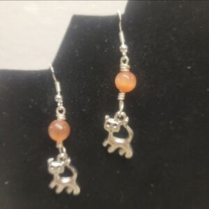 Hand Crafted Silver and Coral Bead Dangle Cat Earrings